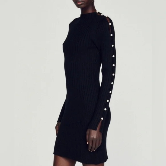 SandroCutout faux pearl-embellished ribbed-knit mini dress - Picture 1 of 3